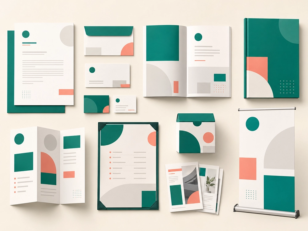 Supports mis en page : papeterie, cartes, brochures, menus, PLV