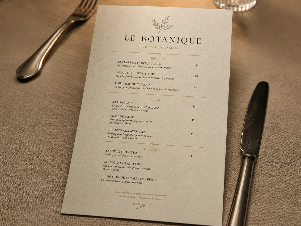 Menu pour un restaurant